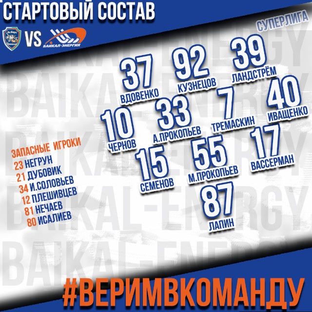 ️Стартовый состав «Байкал-Энергии» против «Ак Барс-Динамо» (Казань)!